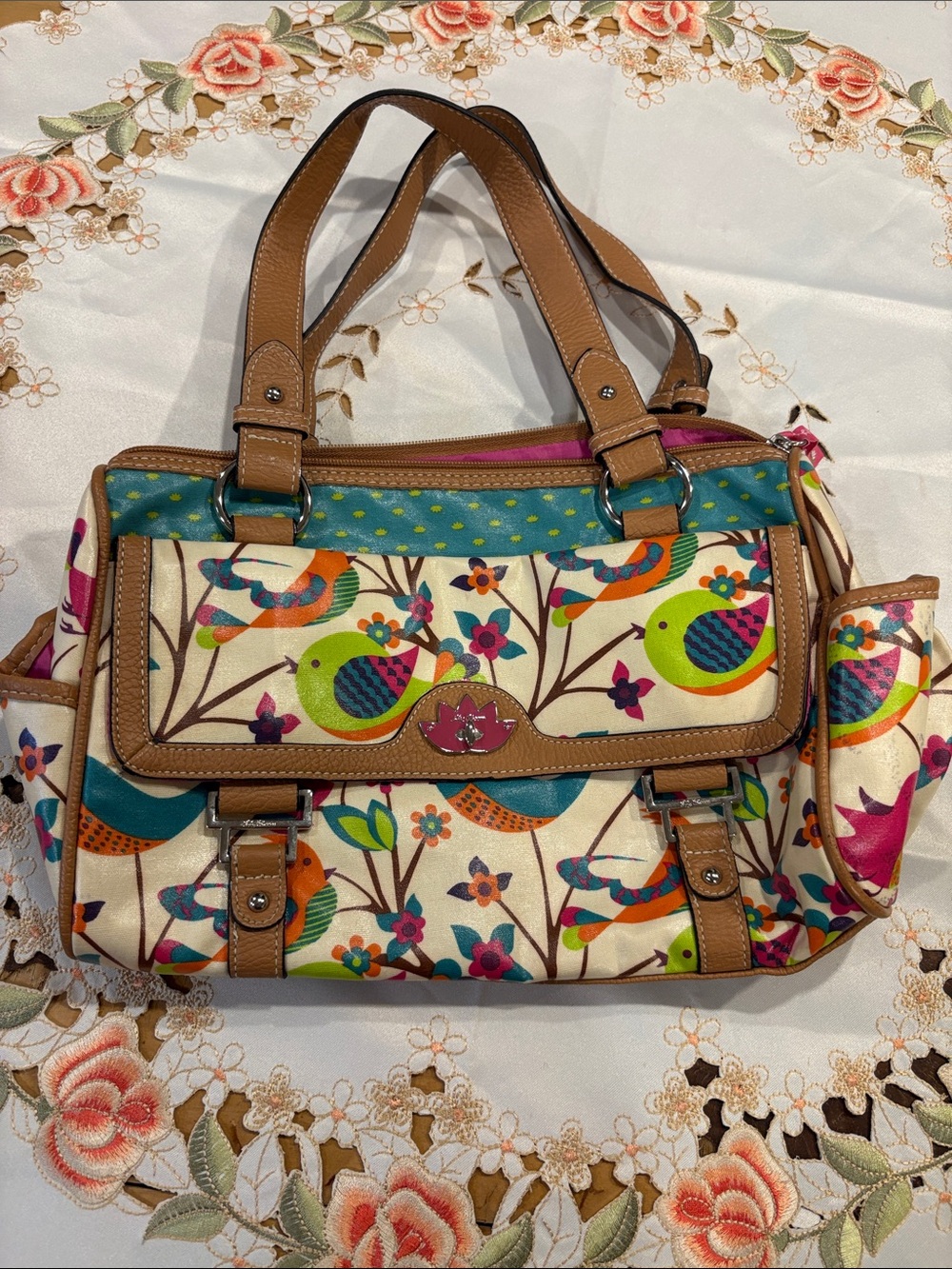 Lily Bloom Multicolor Bird Print Shoulder Bag with Tan Trim